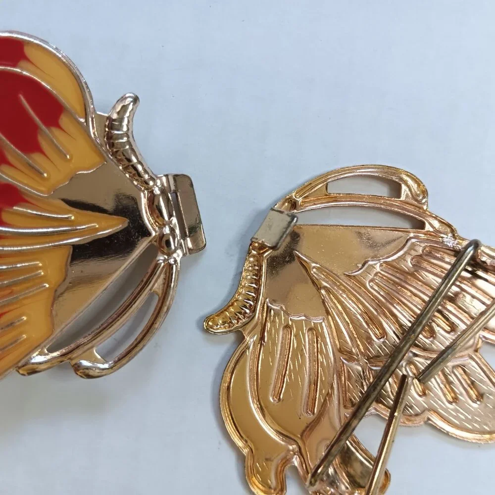 Lot of 2 Vintage 1980s Golden Metal Enamel Butterfly And Scroll Belt Buckles
